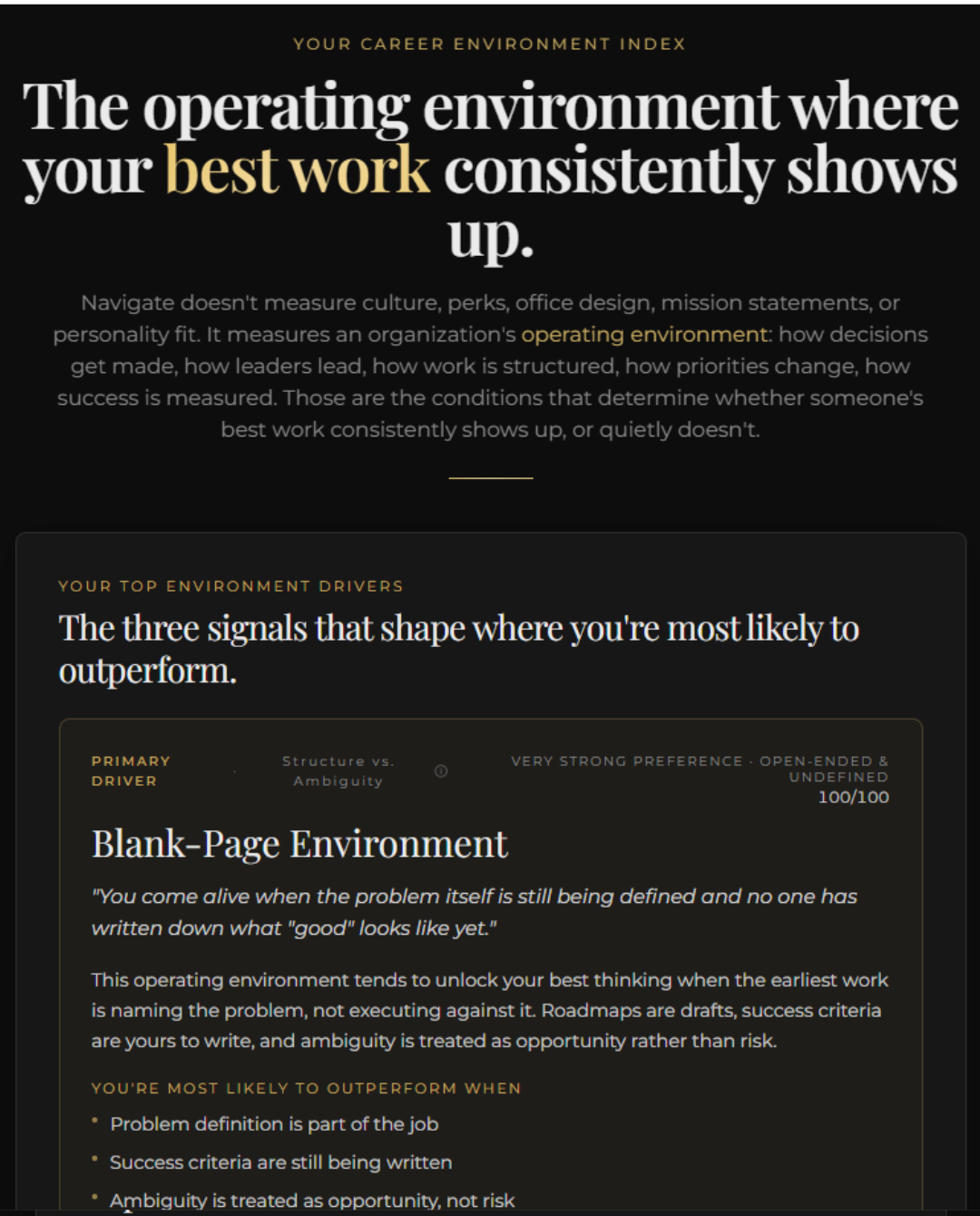 Sample Career Environment Index report showing the Blank-Page Environment result, a 100/100 score, and top environment drivers