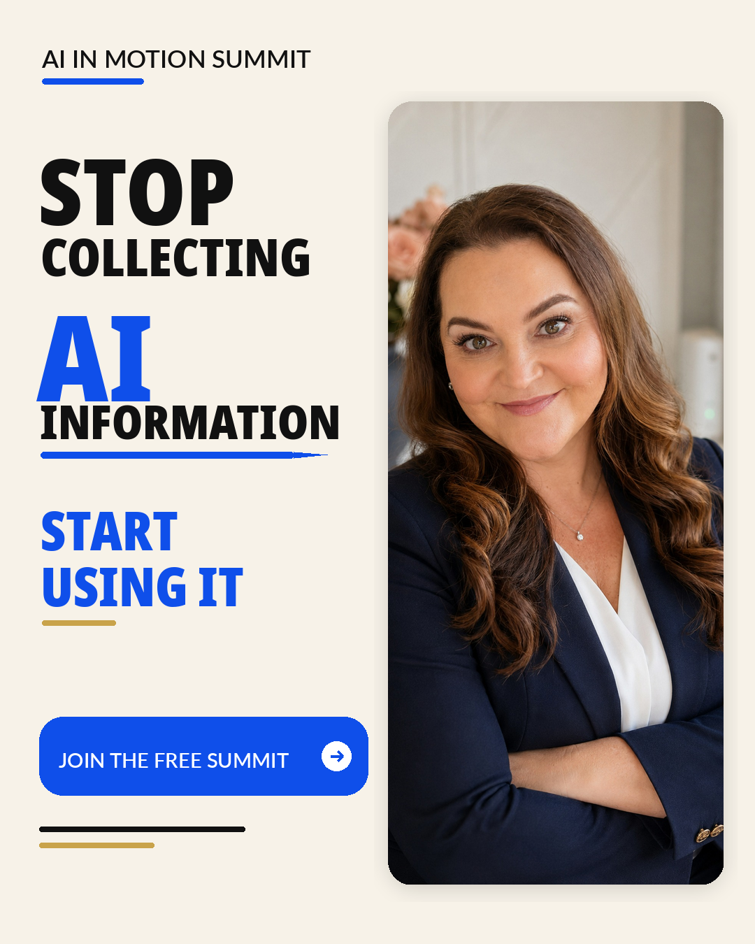 AI in Motion Summit speaker graphic for Jackie Cook: Stop Collecting AI Information. Start Using It.