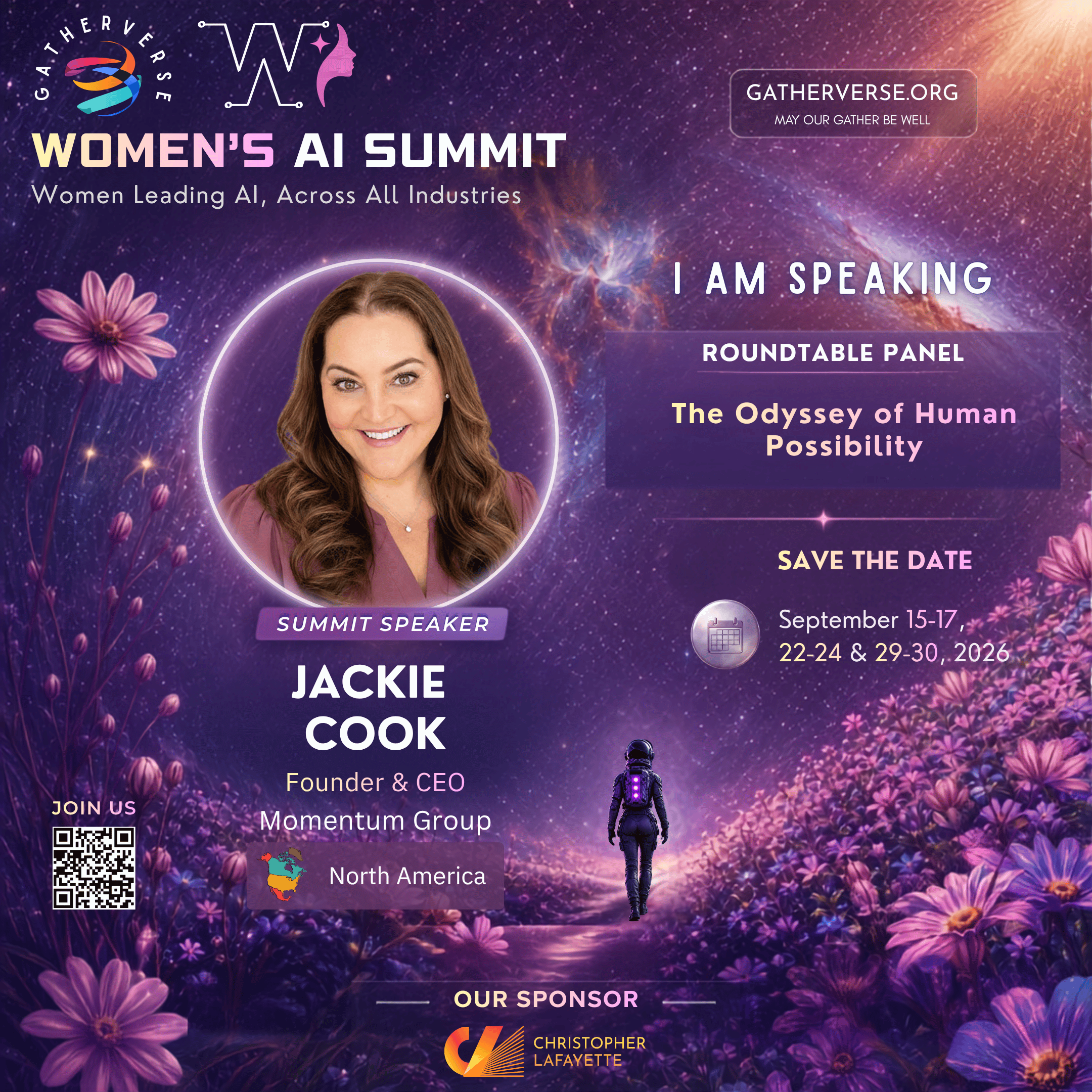 GatherVerse Women’s AI Summit event graphic featuring Jackie Cook